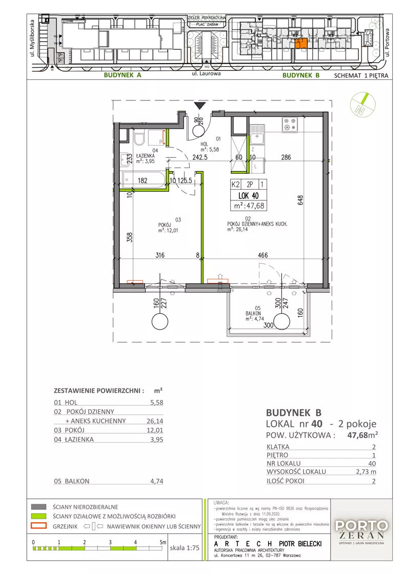 2 pokoje, mieszkanie 47,68 m², piętro 1, oferta nr B.K2.40, Porto Żerań, Warszawa, Białołęka, Żerań, ul. Myśliborska