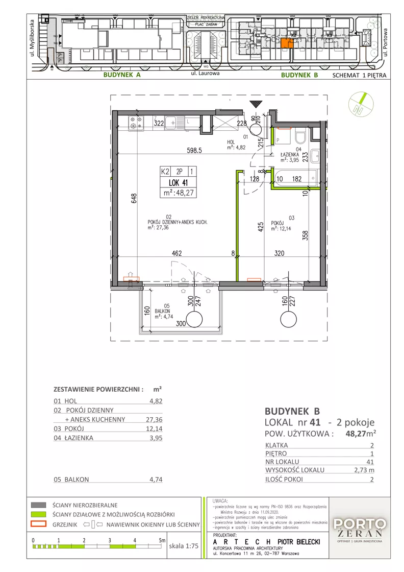 2 pokoje, mieszkanie 48,27 m², piętro 1, oferta nr B.K2.41, Porto Żerań, Warszawa, Białołęka, Żerań, ul. Myśliborska