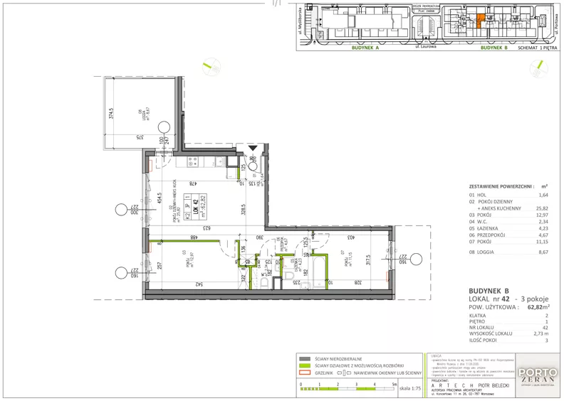 3 pokoje, mieszkanie 62,82 m², piętro 1, oferta nr B.K2.42, Porto Żerań, Warszawa, Białołęka, Żerań, ul. Myśliborska