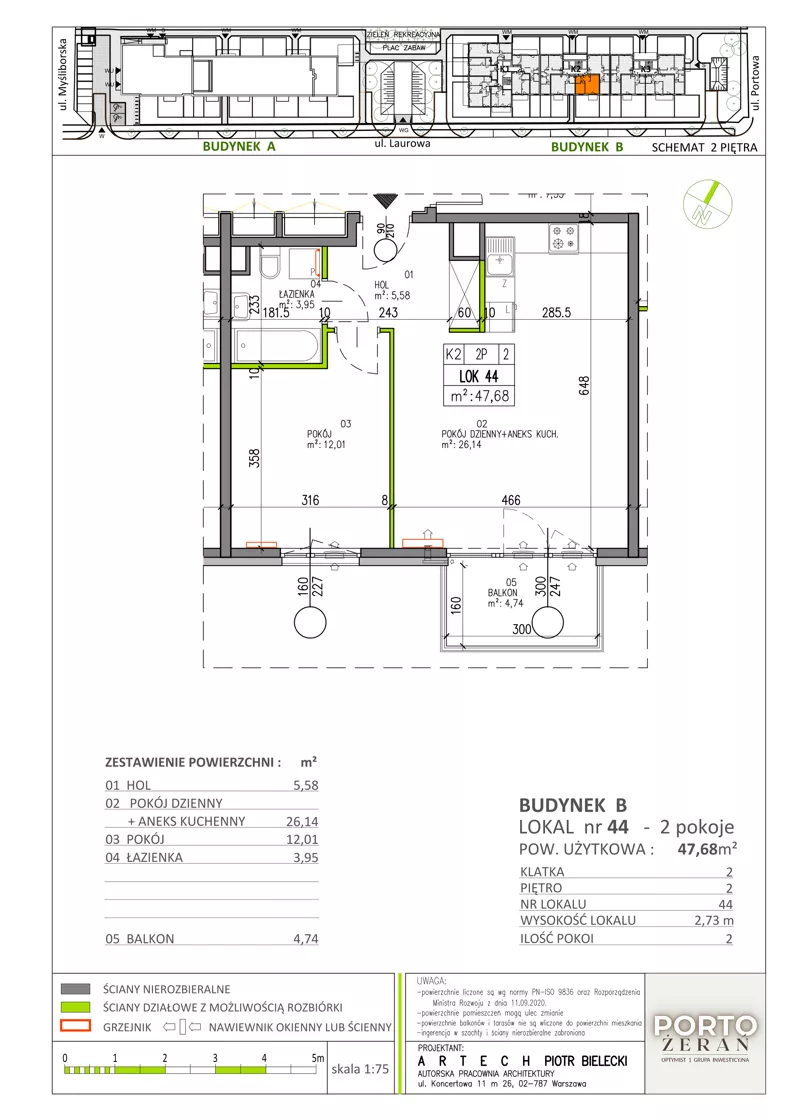 2 pokoje, mieszkanie 47,68 m², piętro 2, oferta nr B.K2.44, Porto Żerań, Warszawa, Białołęka, Żerań, ul. Myśliborska