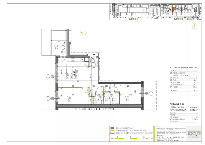 3 pokoje, mieszkanie 62,82 m², piętro 2, oferta nr B.K2.46, Porto Żerań, Warszawa, Białołęka, Żerań, ul. Myśliborska