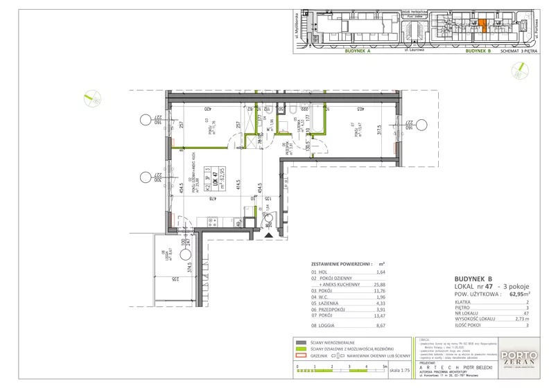 3 pokoje, mieszkanie 62,95 m², piętro 3, oferta nr B.K2.47, Porto Żerań, Warszawa, Białołęka, Żerań, ul. Myśliborska