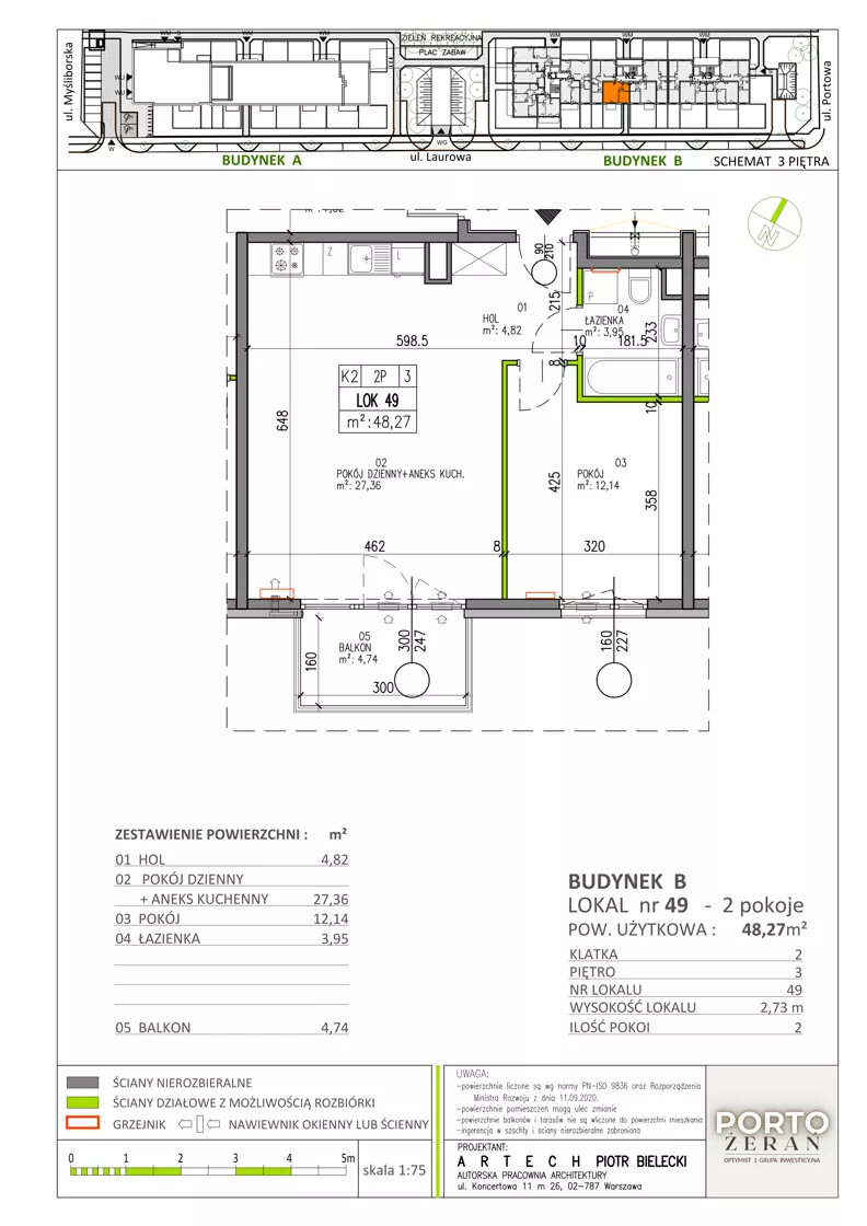 2 pokoje, mieszkanie 48,27 m², piętro 3, oferta nr B.K2.49, Porto Żerań, Warszawa, Białołęka, Żerań, ul. Myśliborska