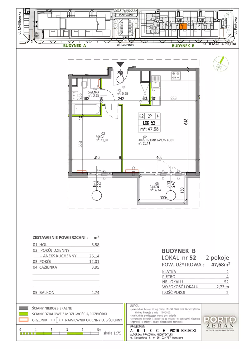 2 pokoje, mieszkanie 47,68 m², piętro 4, oferta nr B.K2.52, Porto Żerań, Warszawa, Białołęka, Żerań, ul. Myśliborska