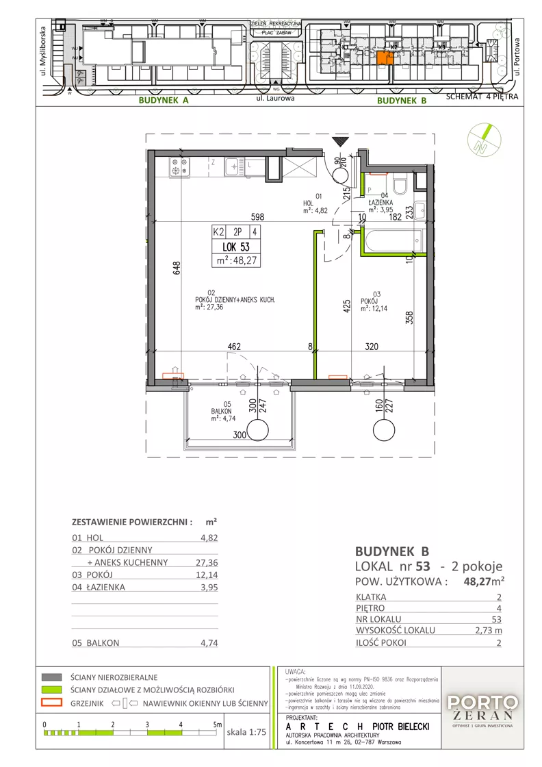 2 pokoje, mieszkanie 48,27 m², piętro 4, oferta nr B.K2.53, Porto Żerań, Warszawa, Białołęka, Żerań, ul. Myśliborska