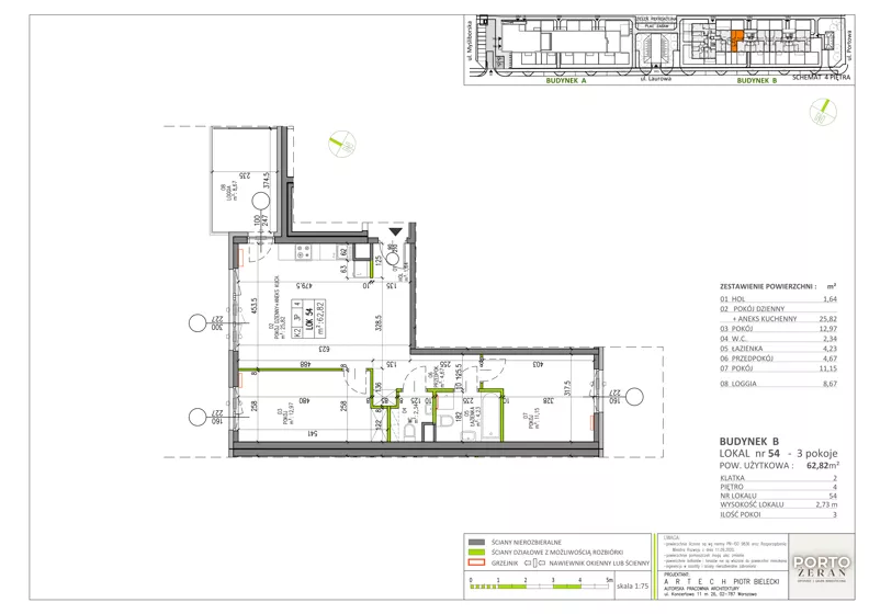 3 pokoje, mieszkanie 62,65 m², piętro 4, oferta nr B.K2.54, Porto Żerań, Warszawa, Białołęka, Żerań, ul. Myśliborska