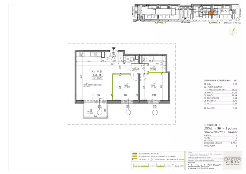 3 pokoje, mieszkanie 65,91 m², piętro 5, oferta nr B.K2.56, Porto Żerań, Warszawa, Białołęka, Żerań, ul. Myśliborska
