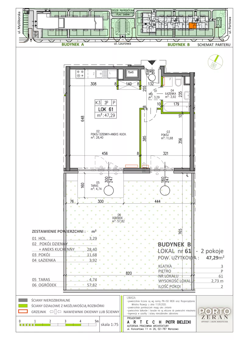 2 pokoje, mieszkanie 47,29 m², parter, oferta nr B.K3.61, Porto Żerań, Warszawa, Białołęka, Żerań, ul. Myśliborska