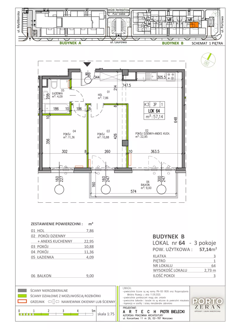 3 pokoje, mieszkanie 57,14 m², piętro 1, oferta nr B.K3.64, Porto Żerań, Warszawa, Białołęka, Żerań, ul. Myśliborska