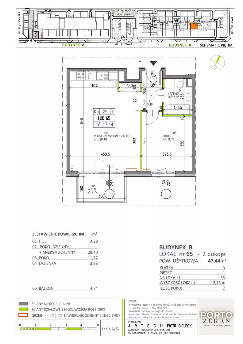 2 pokoje, mieszkanie 47,44 m², piętro 1, oferta nr B.K3.65, Porto Żerań, Warszawa, Białołęka, Żerań, ul. Myśliborska
