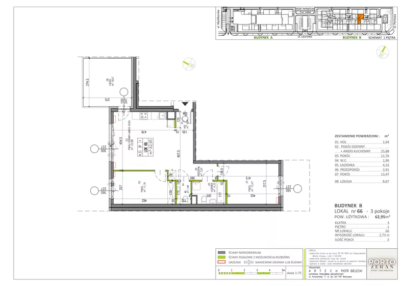 3 pokoje, mieszkanie 62,95 m², piętro 1, oferta nr B.K3.66, Porto Żerań, Warszawa, Białołęka, Żerań, ul. Myśliborska