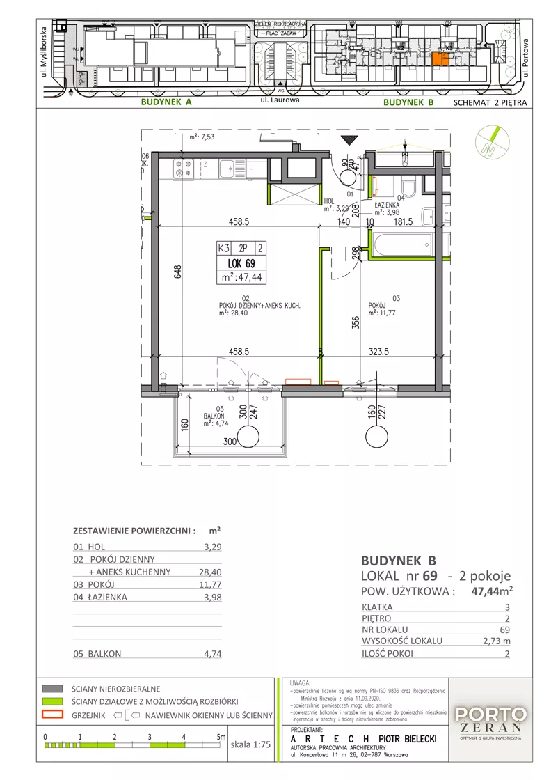 2 pokoje, mieszkanie 47,44 m², piętro 2, oferta nr B.K3.69, Porto Żerań, Warszawa, Białołęka, Żerań, ul. Myśliborska