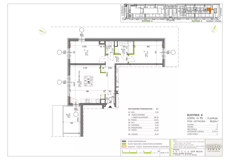 3 pokoje, mieszkanie 70,12 m², piętro 3, oferta nr B.K3.71, Porto Żerań, Warszawa, Białołęka, Żerań, ul. Myśliborska