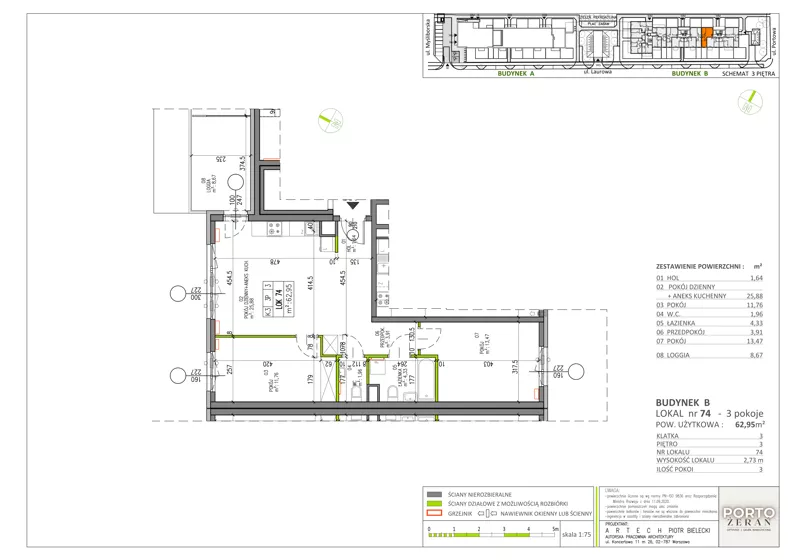 3 pokoje, mieszkanie 62,95 m², piętro 3, oferta nr B.K3.74, Porto Żerań, Warszawa, Białołęka, Żerań, ul. Myśliborska