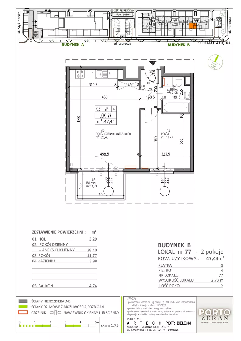 2 pokoje, mieszkanie 47,44 m², piętro 4, oferta nr B.K3.77, Porto Żerań, Warszawa, Białołęka, Żerań, ul. Myśliborska