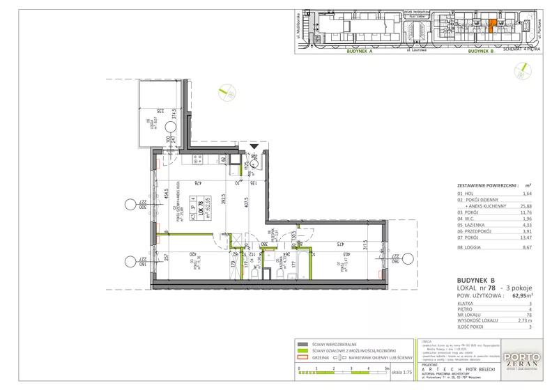 3 pokoje, mieszkanie 62,95 m², piętro 4, oferta nr B.K3.78, Porto Żerań, Warszawa, Białołęka, Żerań, ul. Myśliborska