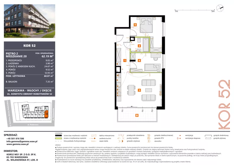 3 pokoje, mieszkanie 60,07 m², piętro 2, oferta nr M20_KOR_52, KOR 52, Warszawa, Włochy, Okęcie, ul. Radarowa 66