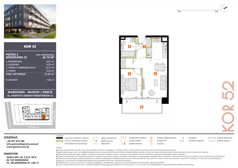 2 pokoje, mieszkanie 41,01 m², piętro 3, oferta nr M32_KOR_52, KOR 52, Warszawa, Włochy, Okęcie, ul. Radarowa 66