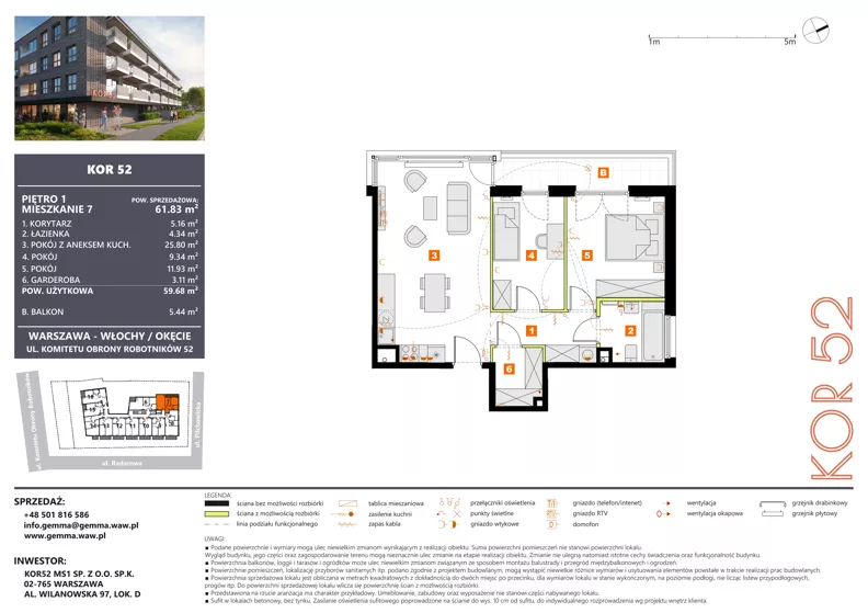 3 pokoje, mieszkanie 59,68 m², piętro 1, oferta nr M07_KOR_52, KOR 52, Warszawa, Włochy, Okęcie, ul. Radarowa 66