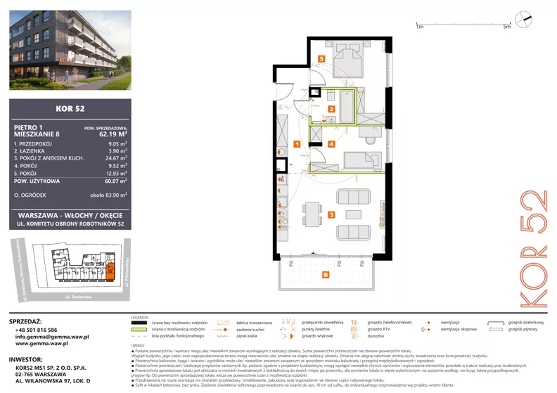 3 pokoje, mieszkanie 60,07 m², piętro 1, oferta nr M08_KOR_52, KOR 52, Warszawa, Włochy, Okęcie, ul. Radarowa 66