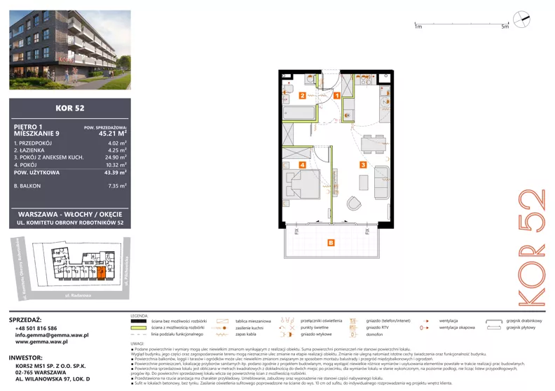 2 pokoje, mieszkanie 43,39 m², piętro 1, oferta nr M09_KOR_52, KOR 52, Warszawa, Włochy, Okęcie, ul. Radarowa 66