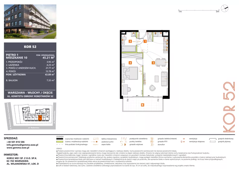 2 pokoje, mieszkanie 43,89 m², piętro 1, oferta nr M10_KOR_52, KOR 52, Warszawa, Włochy, Okęcie, ul. Radarowa 66