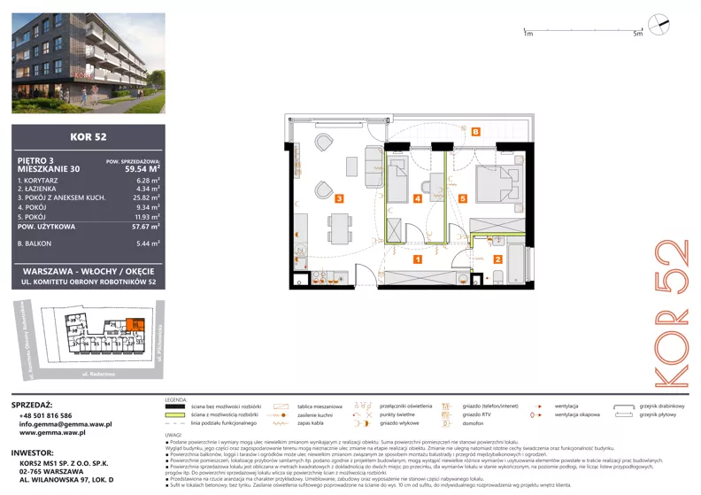 3 pokoje, mieszkanie 57,67 m², piętro 3, oferta nr M30_KOR_52, KOR 52, Warszawa, Włochy, Okęcie, ul. Radarowa 66