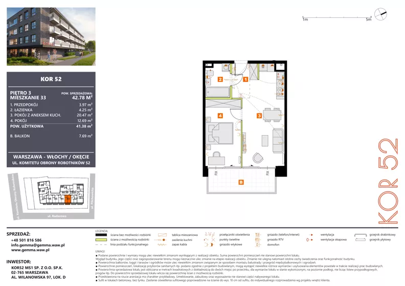 2 pokoje, mieszkanie 41,38 m², piętro 3, oferta nr M33_KOR_52, KOR 52, Warszawa, Włochy, Okęcie, ul. Radarowa 66