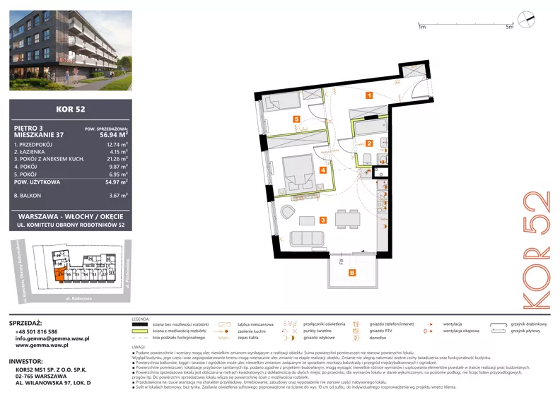 3 pokoje, mieszkanie 54,97 m², piętro 3, oferta nr M37_KOR_52, KOR 52, Warszawa, Włochy, Okęcie, ul. Radarowa 66