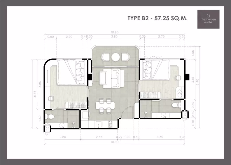 3 pokoje, mieszkanie 57,25 m², piętro 2, oferta nr C206, The Element by Anocha, Kamala, th. 45/11 Kamala