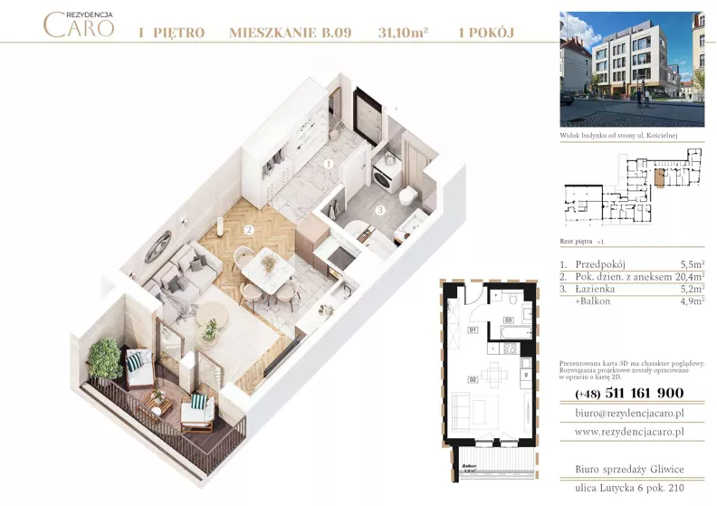 1 pokój, apartament 31,10 m², piętro 1, oferta nr B09, Rezydencja Caro, Gliwice, Śródmieście, ul. Dolnych Wałów