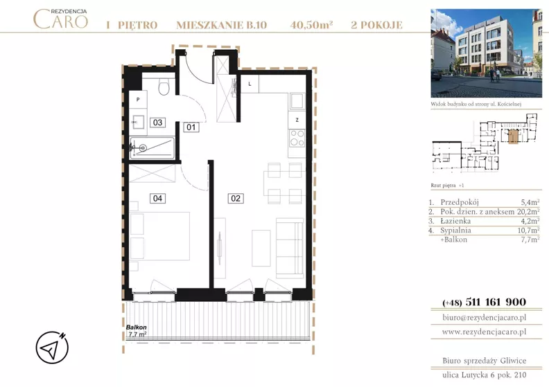 2 pokoje, apartament 40,50 m², piętro 1, oferta nr B10, Rezydencja Caro, Gliwice, Śródmieście, ul. Dolnych Wałów