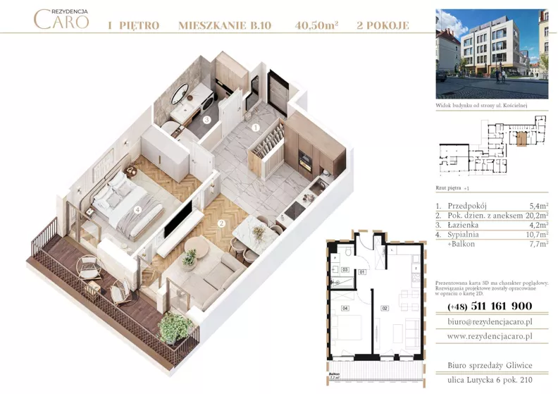 2 pokoje, apartament 40,50 m², piętro 1, oferta nr B10, Rezydencja Caro, Gliwice, Śródmieście, ul. Dolnych Wałów