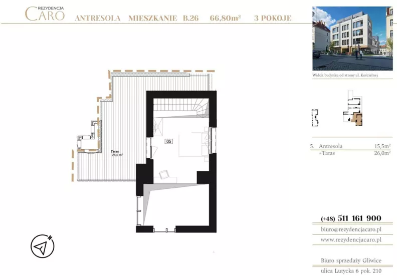 3 pokoje, apartament 66,80 m², piętro 4, oferta nr B26, Rezydencja Caro, Gliwice, Śródmieście, ul. Dolnych Wałów