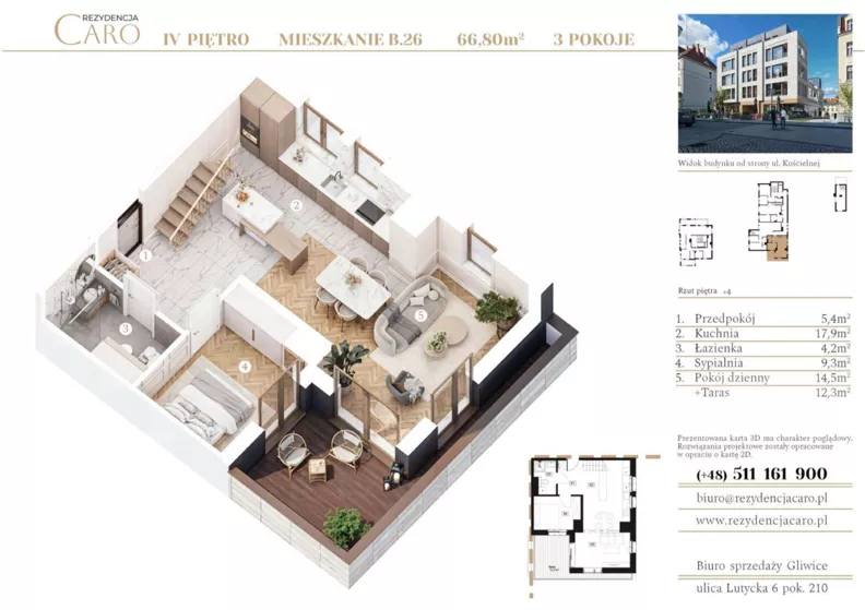 3 pokoje, apartament 66,80 m², piętro 4, oferta nr B26, Rezydencja Caro, Gliwice, Śródmieście, ul. Dolnych Wałów
