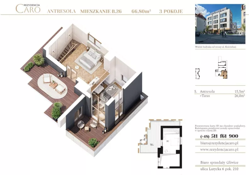 3 pokoje, apartament 66,80 m², piętro 4, oferta nr B26, Rezydencja Caro, Gliwice, Śródmieście, ul. Dolnych Wałów