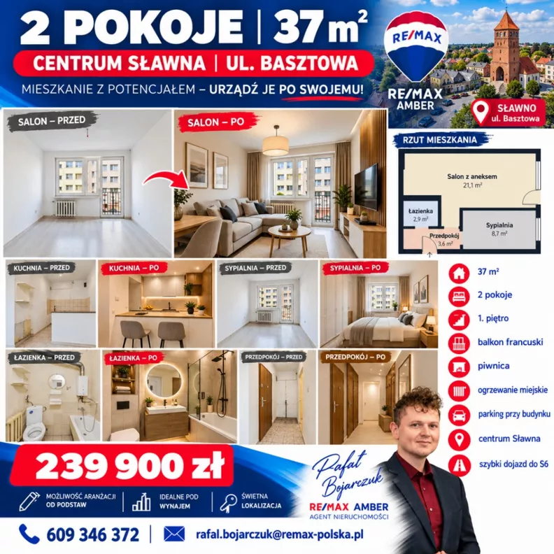 2 pokoje, mieszkanie 37,00 m², piętro 1, oferta nr , REMAX-116-MS-AMBER, Sławno, Basztowa
