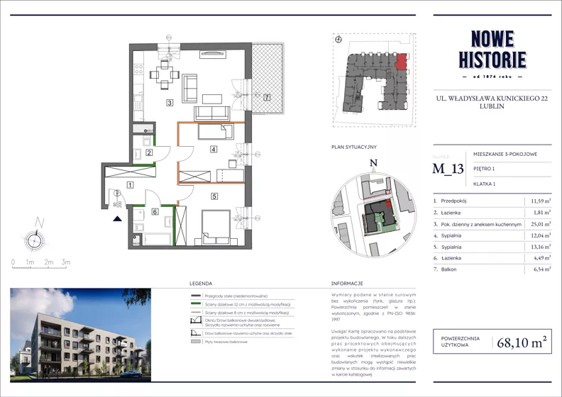 3 pokoje, mieszkanie 68,10 m², piętro 1, oferta nr M13, Nowe Historie, Lublin, Kośminek, ul. Wolskiej