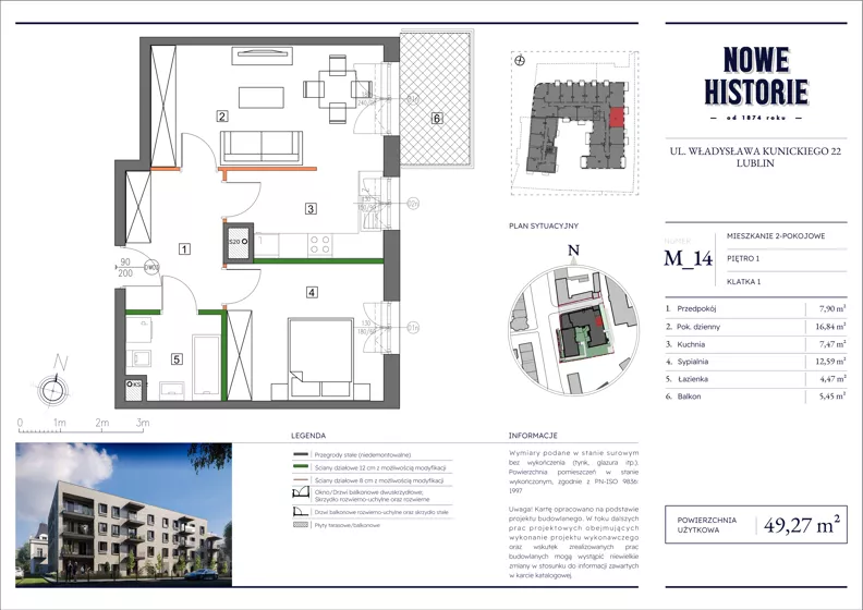 2 pokoje, mieszkanie 49,27 m², piętro 1, oferta nr M14, Nowe Historie, Lublin, Kośminek, ul. Wolskiej