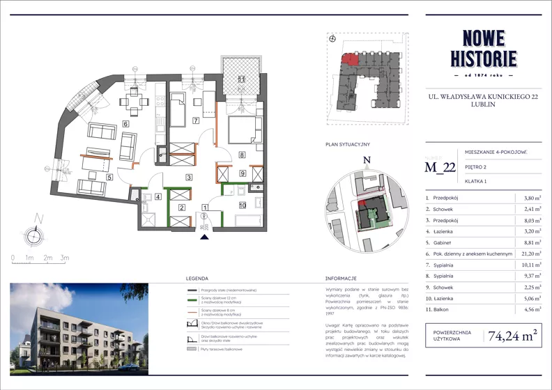 4 pokoje, mieszkanie 74,24 m², piętro 2, oferta nr M22, Nowe Historie, Lublin, Kośminek, ul. Wolskiej