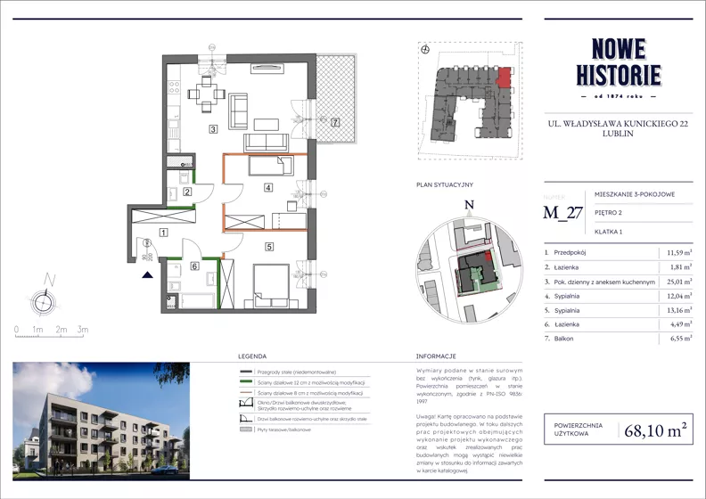 3 pokoje, mieszkanie 68,10 m², piętro 2, oferta nr M27, Nowe Historie, Lublin, Kośminek, ul. Wolskiej