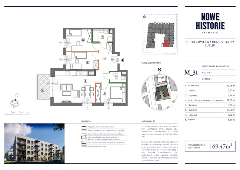 3 pokoje, mieszkanie 69,47 m², piętro 2, oferta nr M31, Nowe Historie, Lublin, Kośminek, ul. Wolskiej