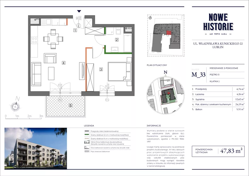 2 pokoje, mieszkanie 47,83 m², piętro 3, oferta nr M33, Nowe Historie, Lublin, Kośminek, ul. Wolskiej