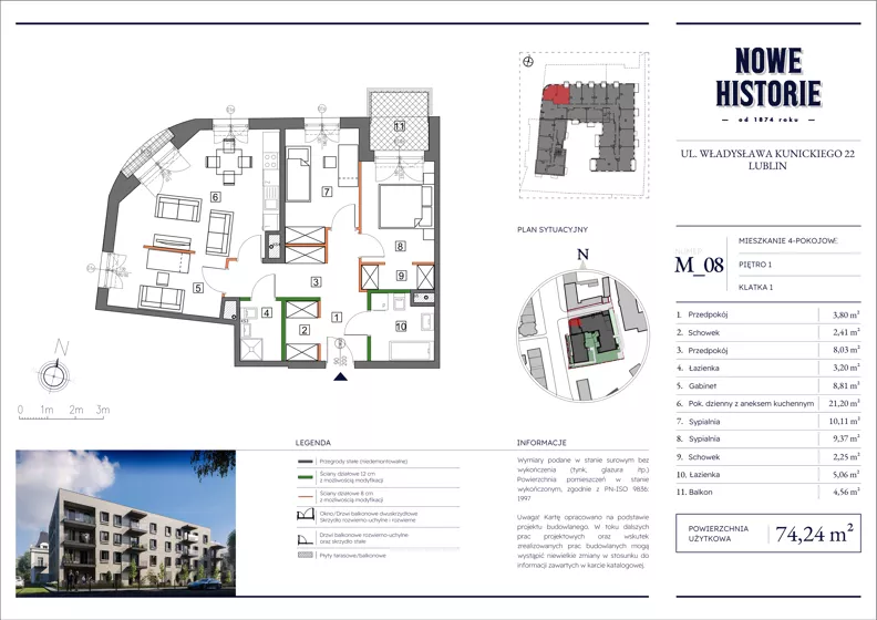 4 pokoje, mieszkanie 74,24 m², piętro 1, oferta nr M8, Nowe Historie, Lublin, Kośminek, ul. Wolskiej