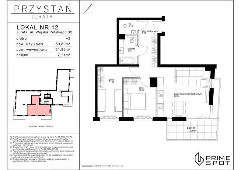 3 pokoje, apartament inwestycyjny 59,89 m², piętro 3, oferta nr 12, Przystań Jurata, Jurata, ul. Wojska Polskiego 32