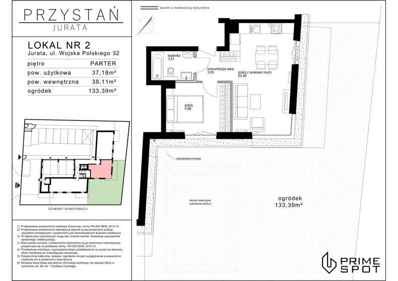 2 pokoje, apartament inwestycyjny 37,18 m², parter, oferta nr 2, Przystań Jurata, Jurata, ul. Wojska Polskiego 32