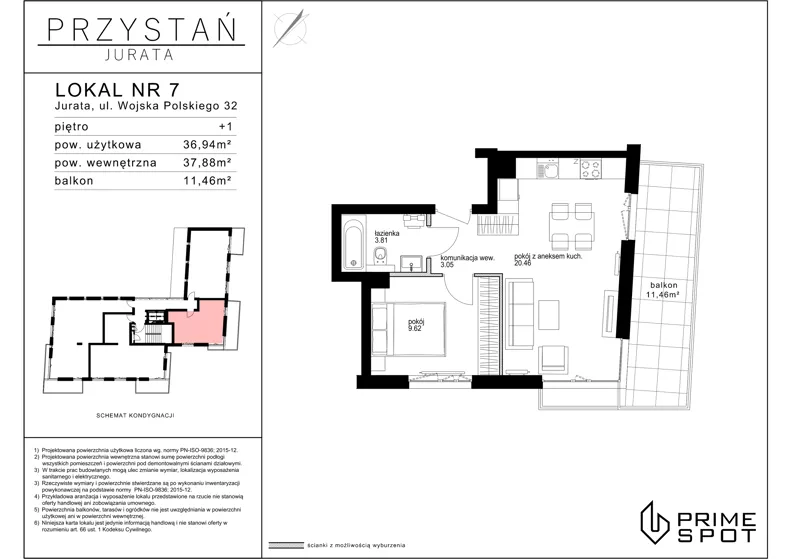 2 pokoje, apartament inwestycyjny 36,94 m², piętro 1, oferta nr 7, Przystań Jurata, Jurata, ul. Wojska Polskiego 32