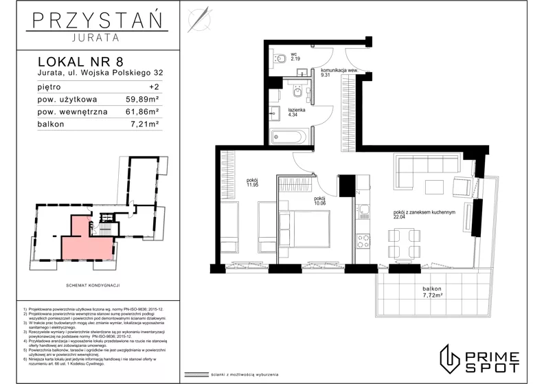 3 pokoje, apartament inwestycyjny 59,89 m², piętro 2, oferta nr 8, Przystań Jurata, Jurata, ul. Wojska Polskiego 32