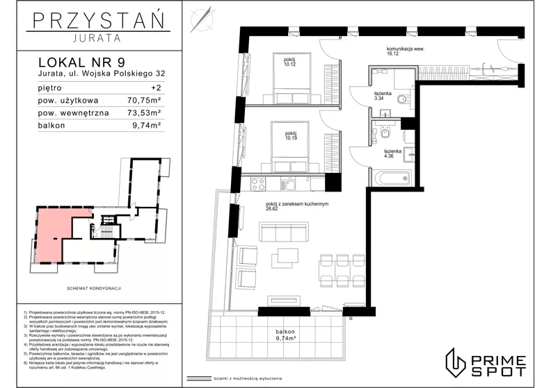 3 pokoje, apartament inwestycyjny 70,75 m², piętro 2, oferta nr 9, Przystań Jurata, Jurata, ul. Wojska Polskiego 32