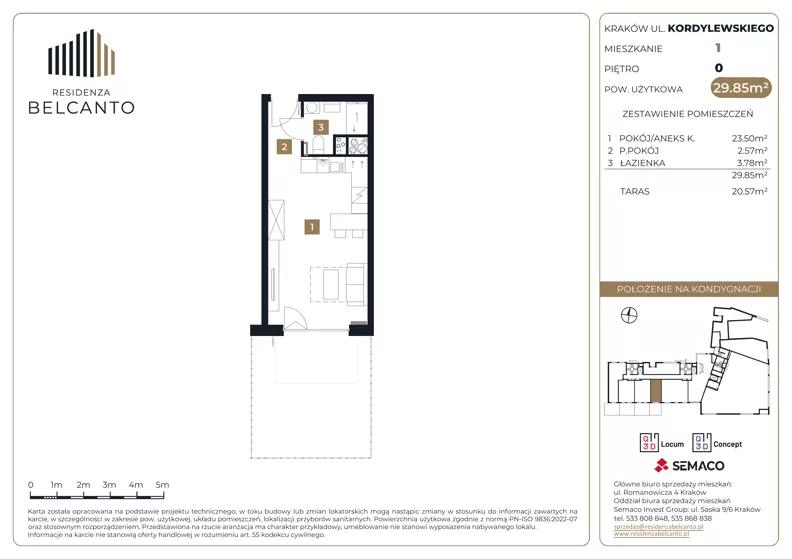 1 pokój, mieszkanie 29,85 m², parter, oferta nr 1.1, Residenza Belcanto, Kraków, Grzegórzki, ul. Kazimierza Kordylewskiego 3